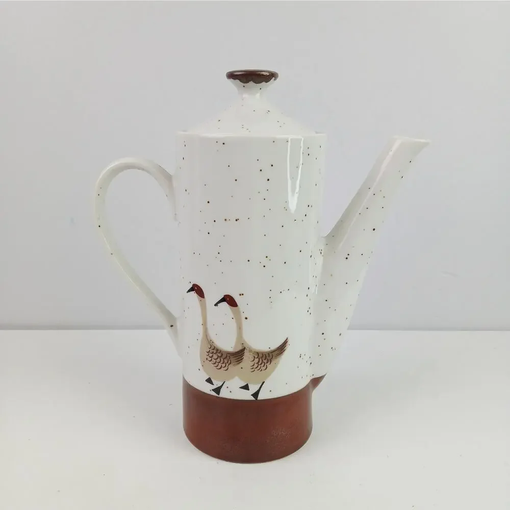 Wild Game Porcelain by Shafford Tall Speckled White & Brown Tea Pot With Geese